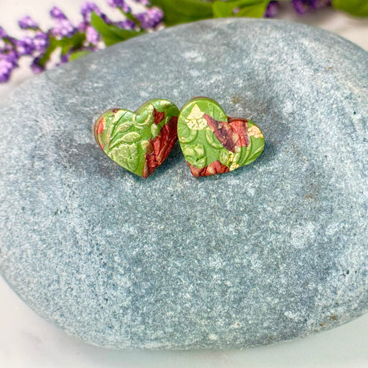April Evergreen Heart Stud Earrings in Gold Adult or Kids Earrings