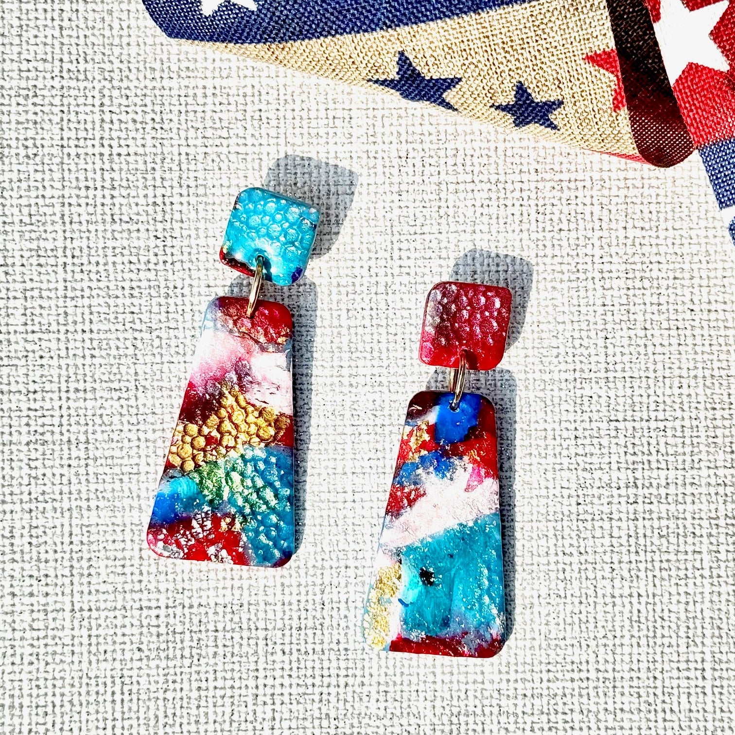 Summer Earrings, Red White and Blue Earrings, July 4th earrings, Memorial Day Earrings, USA, USA earrings, Chestnut Chic Studio, Polymer Clay Earrings, Resin Earrings, Small Business, Texas Designer Earrings, Texas Earrings