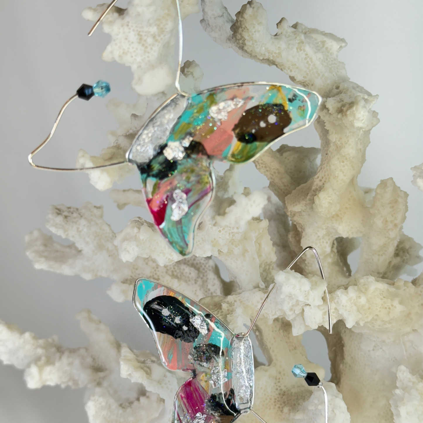 Turquoise Butterfly Earrings Hand Painted Vintage 80’s Pop Chestnut Chic Studio 