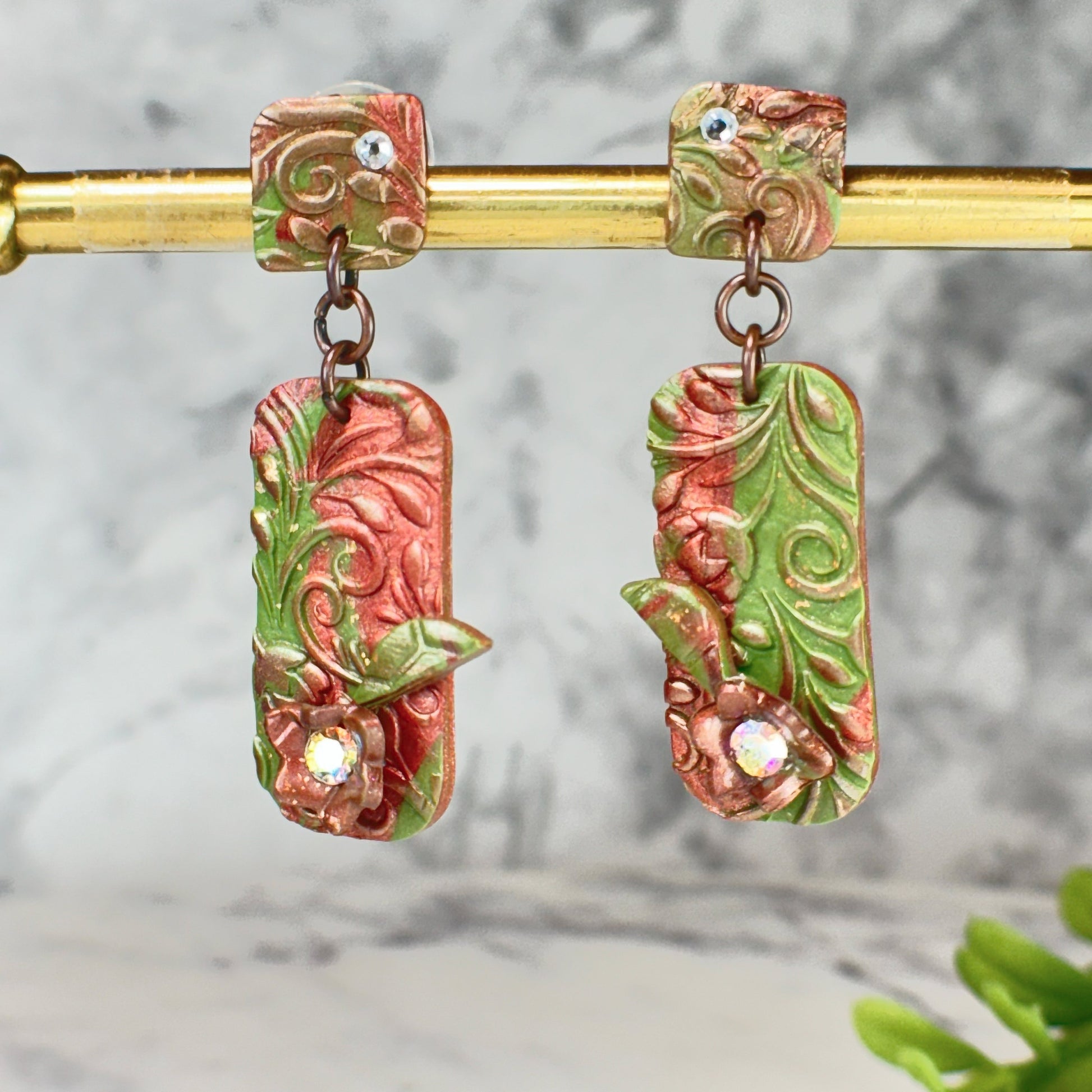 Aurora Evergreen Drop Earrings with Swarovski Crystals Polymer Clay Earrings