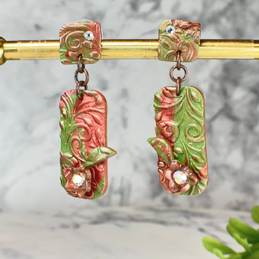 Aurora Evergreen Drop Earrings with Swarovski Crystals Polymer Clay Earrings
