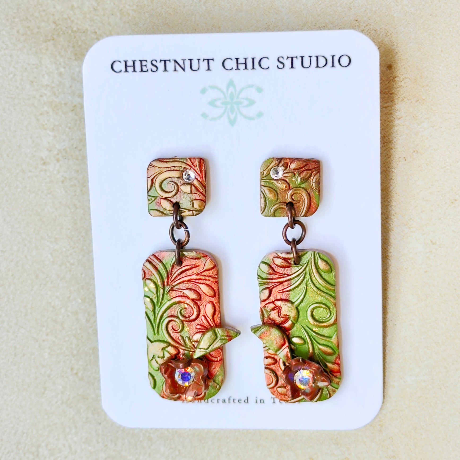 Green Polymer Clay Earrings with Crystals, Elegant Floral Earrings, Whimsical Earrings