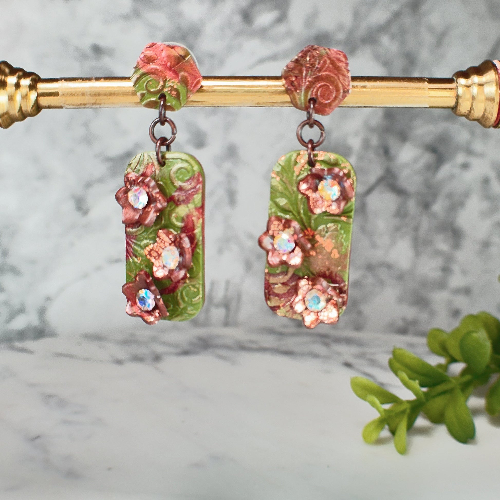 Ava Evergreen Drop Earrings with Swarovski Crystals Polymer Clay Earrings