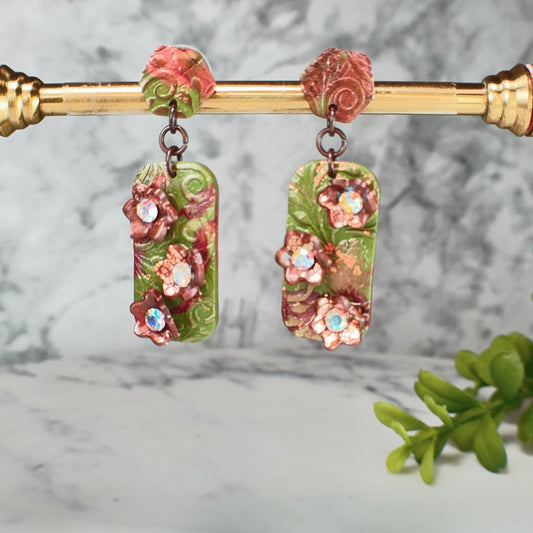 Ava Evergreen Drop Earrings with Swarovski Crystals Polymer Clay Earrings
