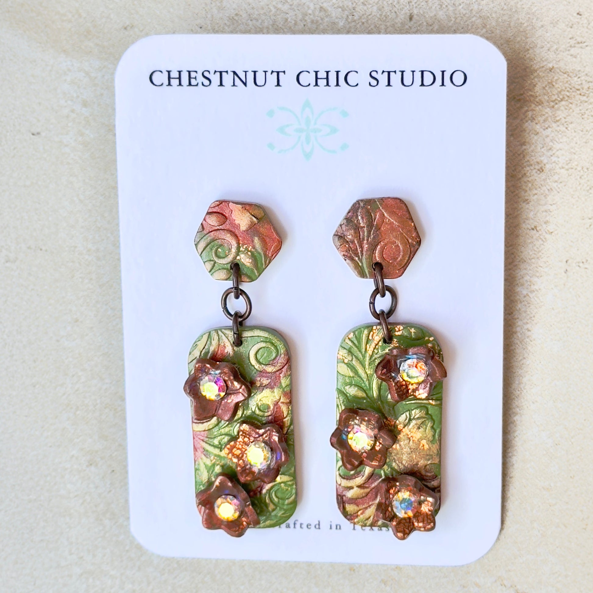 Polymer Clay Earrings, Green Floral Earrings, Floral Earrings with Crystals
