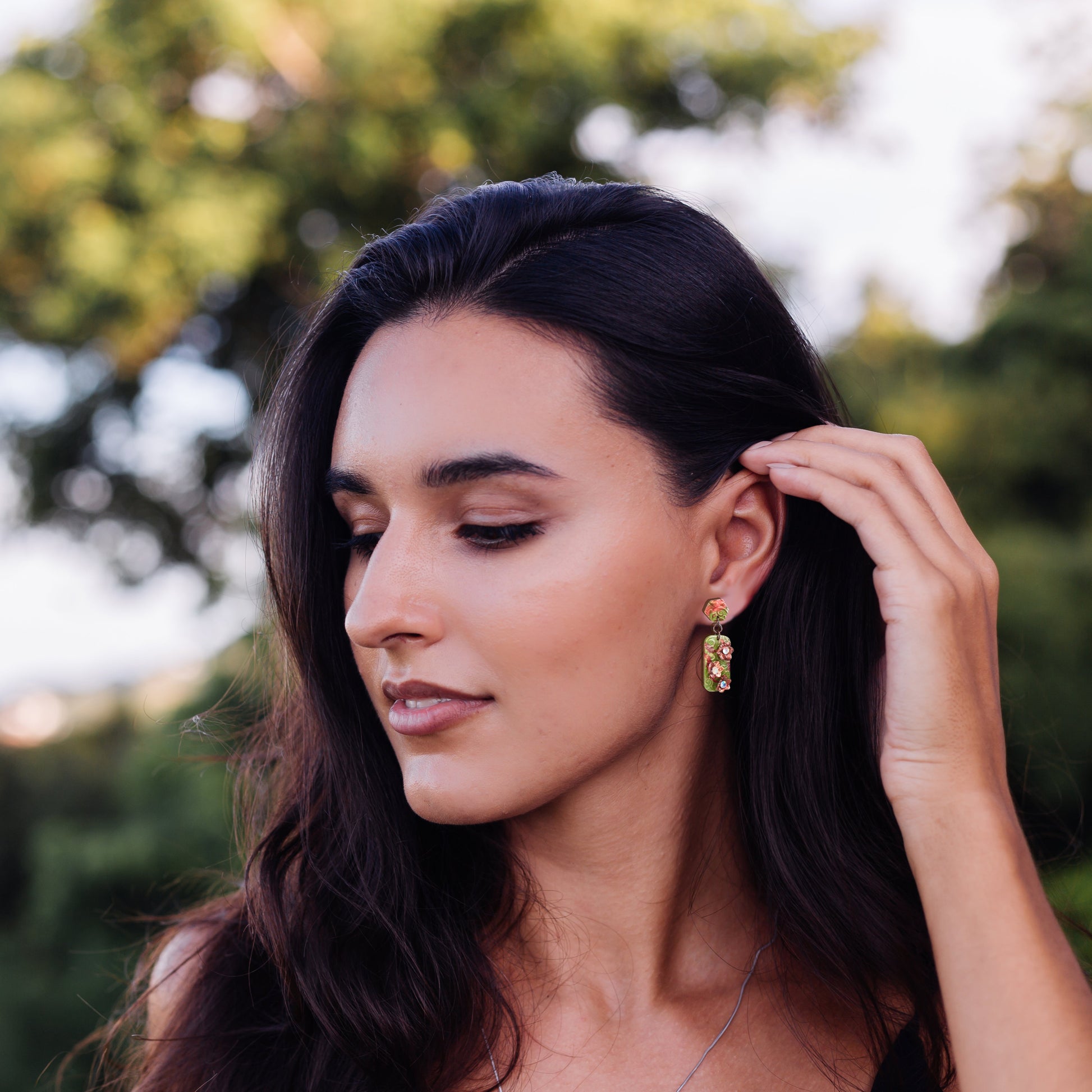 Ava Evergreen Drop Earrings with Swarovski Crystals Polymer Clay Earrings