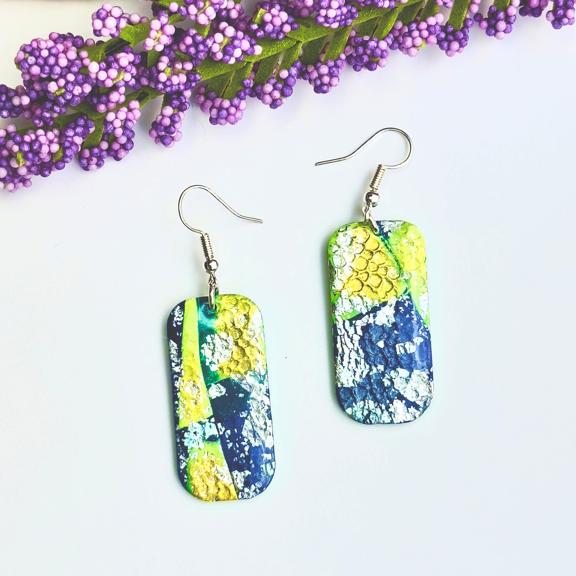 Blue Gold Silver Metallic Earrings, cool earrings