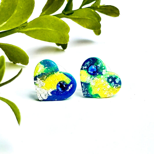 Blue Metallic Heart Earrings, Blue and Gold Stud Earrings
