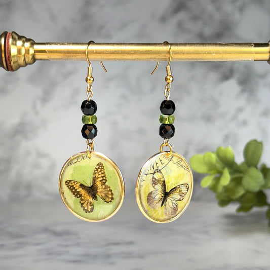 Brie Vintage Butterfly Postage Stamp Earrings with Peridot and Austrian Crystals