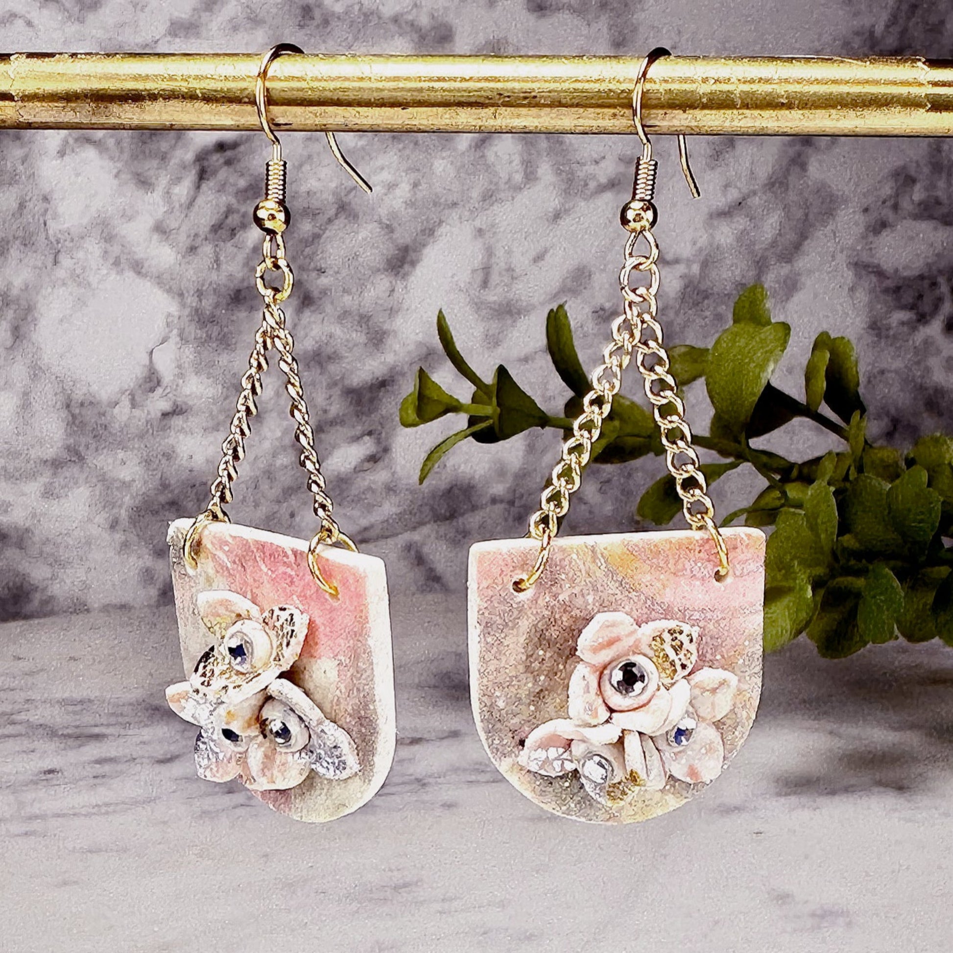Bristol Magnolia Drop Earrings with Austrian Crystals Polymer Clay Earrings