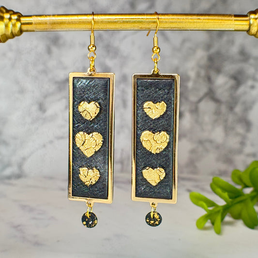 Brooklyn Black & Gold Heart Drop Earrings