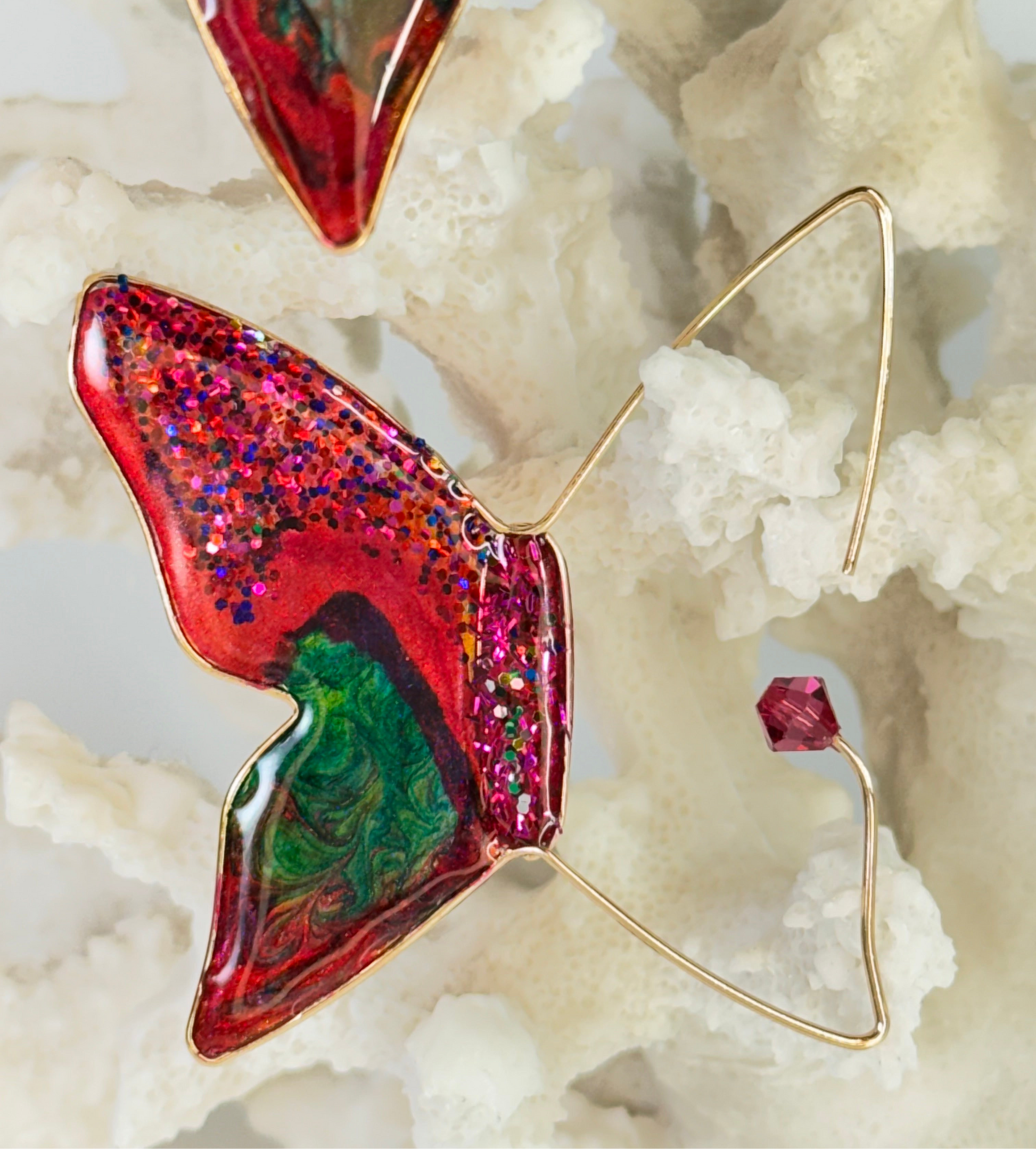 Retro Pink Butterfly Stained Glass Earrings Gold Chestnut Chic Studio 