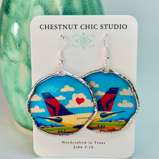 Delta Air Lines Inspired Airplane Tail Widget with Heart Large Earrings Silver Chestnut Chic Studio