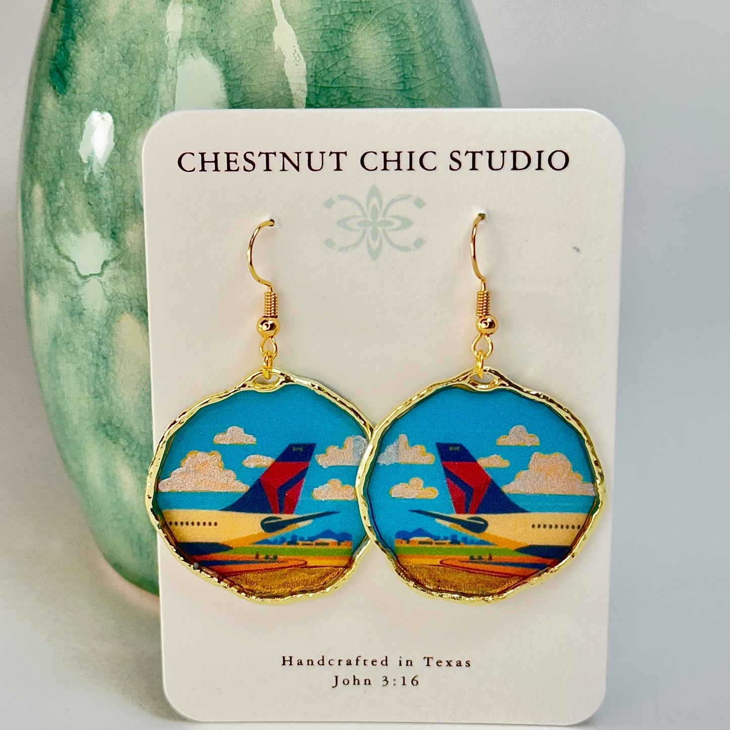 Delta Air Lines Inspired Airplane Tail Widget Logo Earrings Round Chestnut Chic Studio