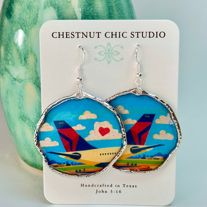 Delta Air Lines Inspired Airplane Tail Widget with Heart Large Earrings Silver Chestnut Chic Studio
