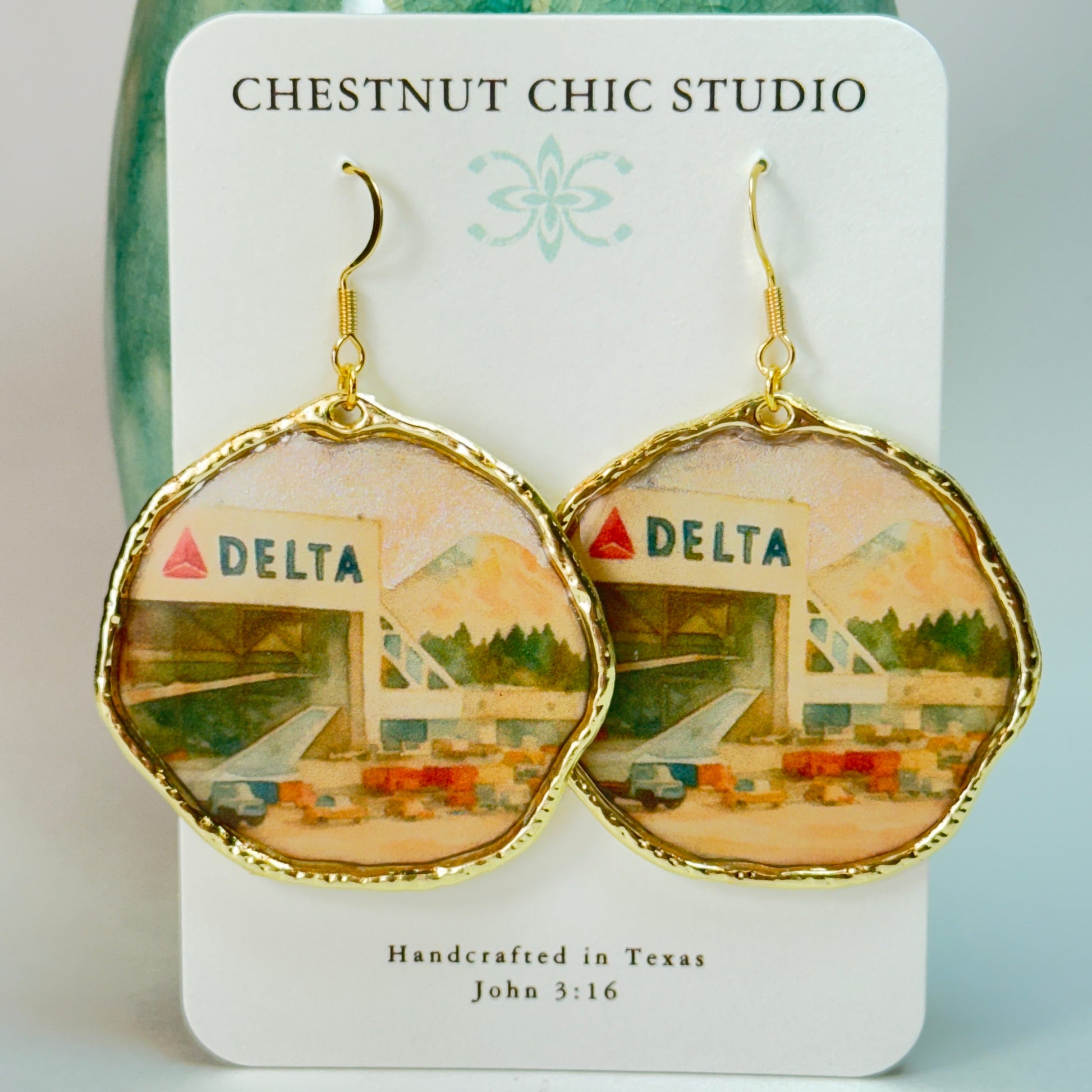 Delta Air Lines Inspired Seattle Airport Hanger Gold Earrings Chestnut Chic Studio