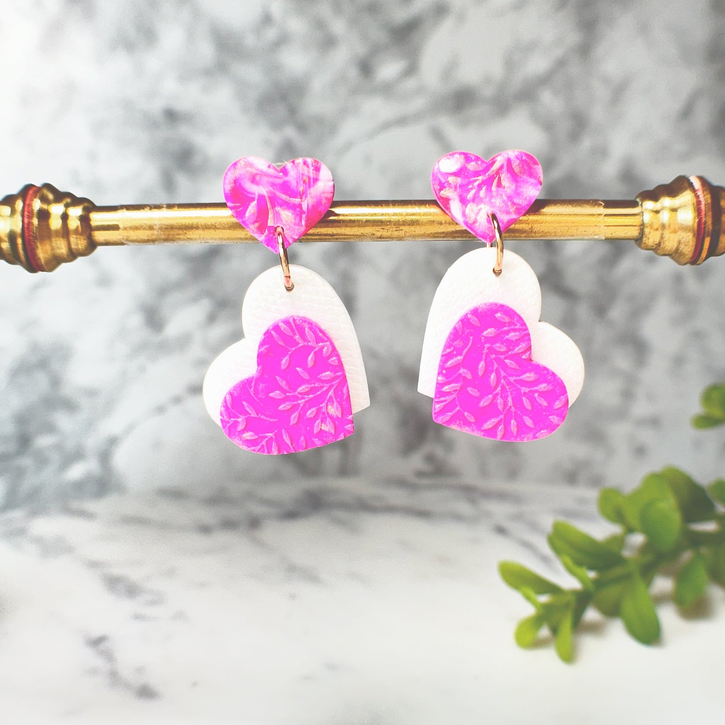 Desiree Heart Drop Earrings in Gold Polymer Clay Earrings
