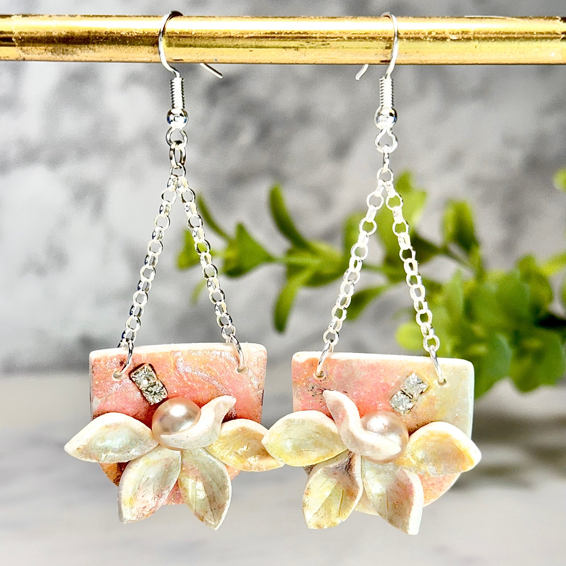 Diane Magnolia Drop Earrings with Pearl and Austrian Crystals Sterling Silver Polymer Earrings