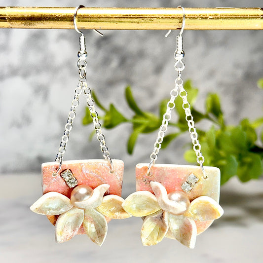 Diane Magnolia Drop Earrings with Pearl and Austrian Crystals Sterling Silver Polymer Earrings