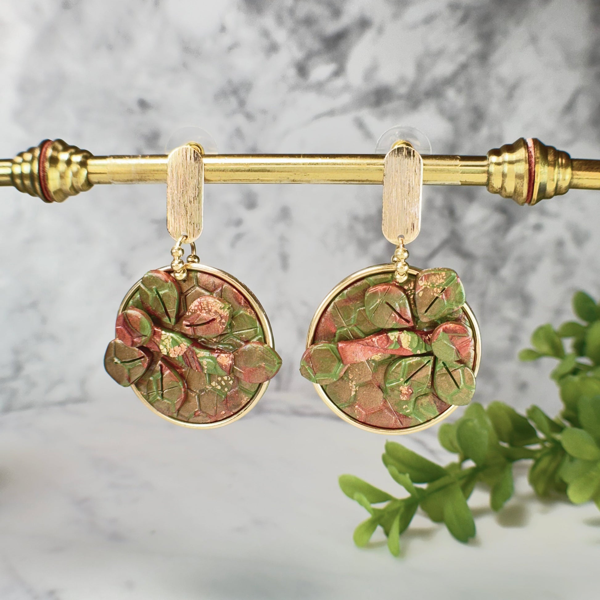 Dragonfly Evergreen Drop Earrings in Gold Polymer Clay Earrings