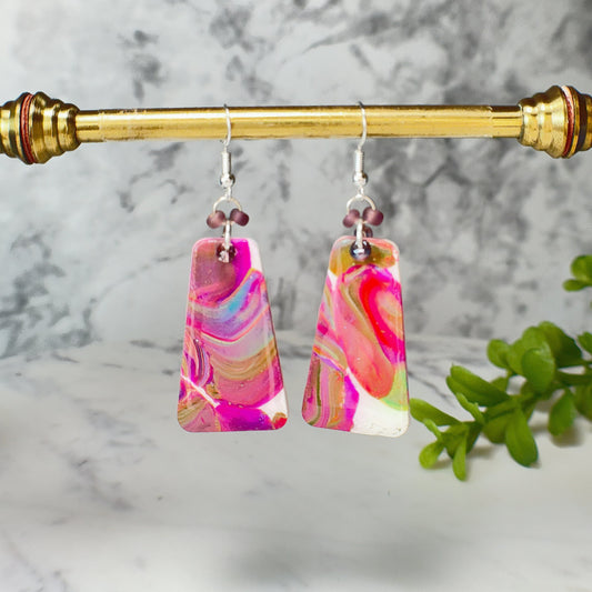 Eleanore Pink Swirl Drop Earrings in Silver Polymer Clay Earrings