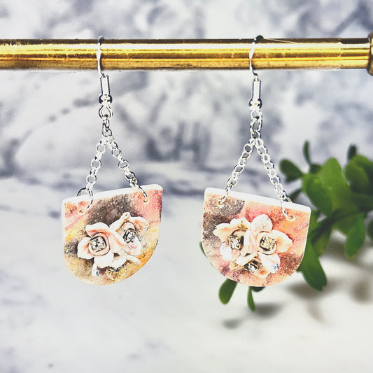 Ella Magnolia Drop Earrings with Austrian Crystals in Sterling Silver Polymer Clay Earrings