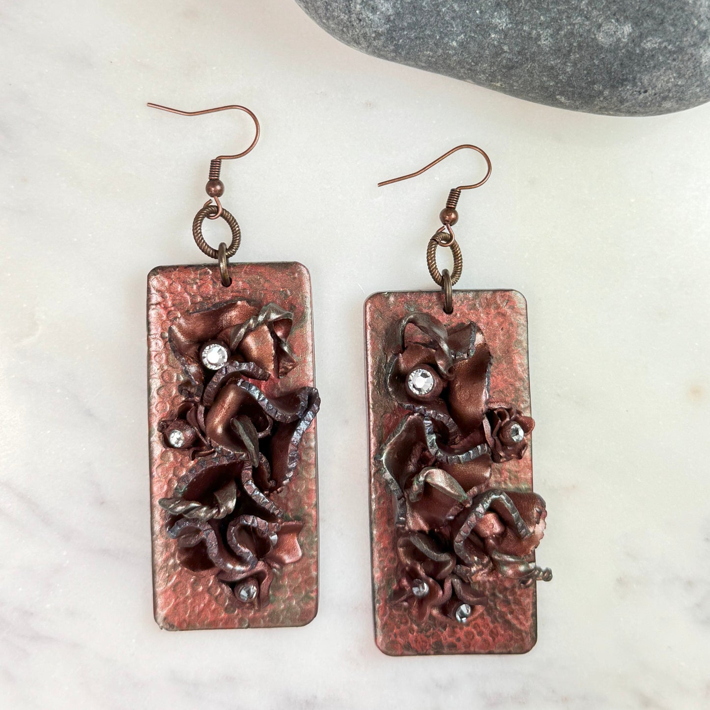 Emery "Hammered Copper" Drop Earrings with Swarovski Crystals Polymer Clay Earrings