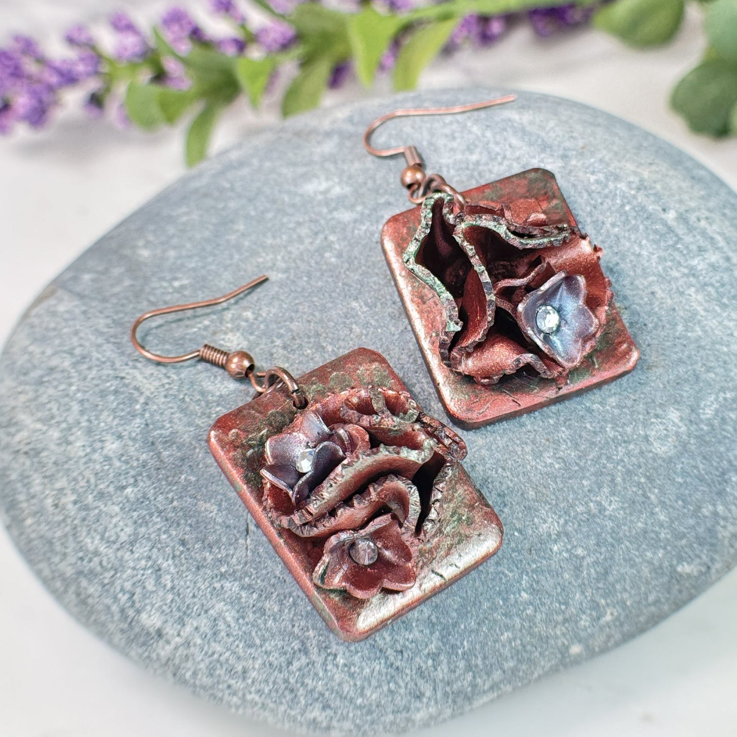 Emery Small "Hammered Copper" Drop Earrings with Swarovski Crystals Polymer Clay Earrings