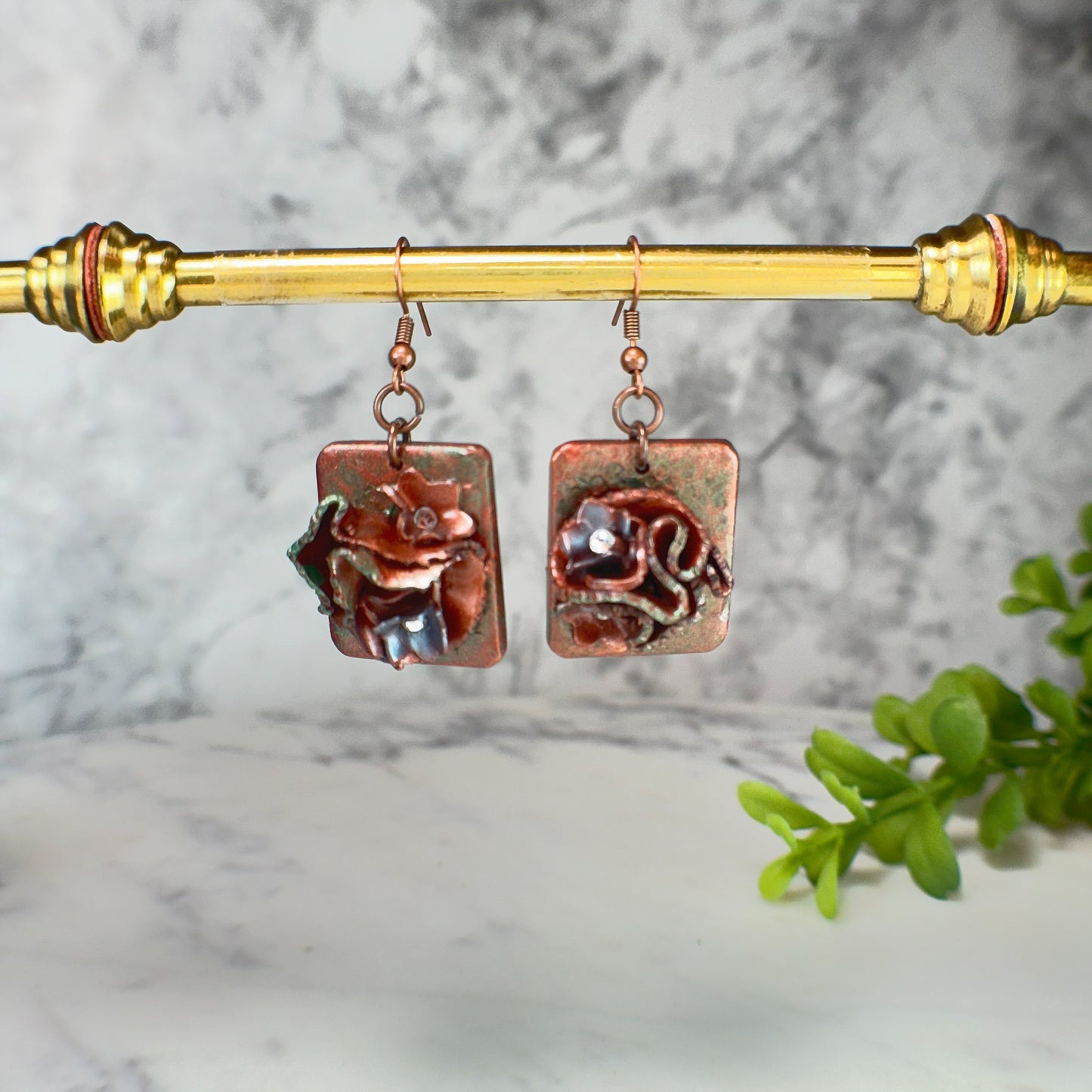 Emery Small "Hammered Copper" Drop Earrings with Swarovski Crystals Polymer Clay Earrings
