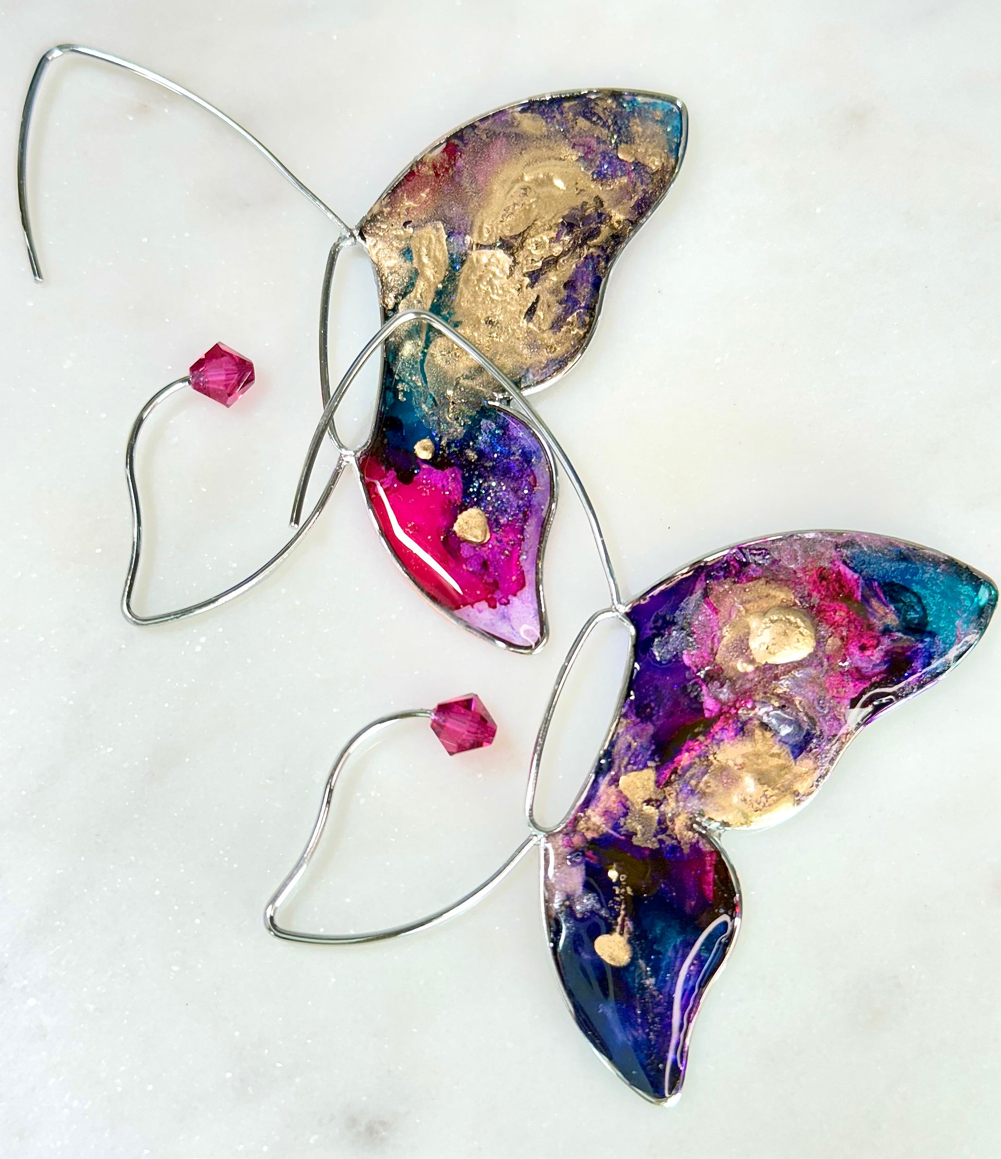 Faith Butterfly Wire Frame "Stained Glass" Earrings with Austrian Crystals in Silver Resin Earrings