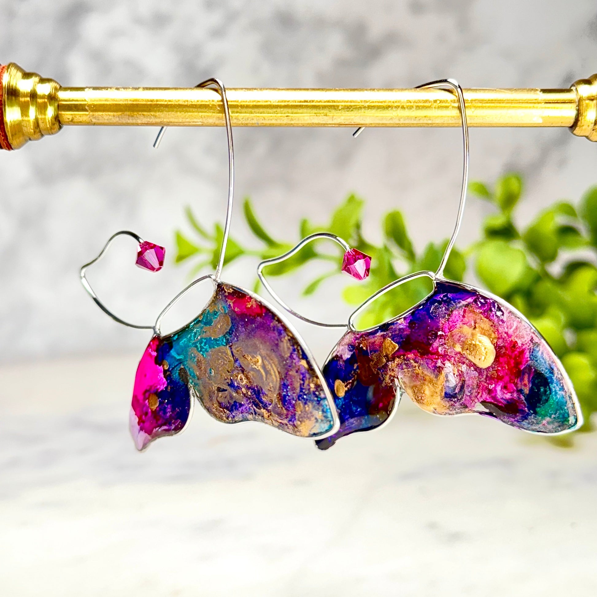 Faith Butterfly Wire Frame "Stained Glass" Earrings with Austrian Crystals in Silver Resin Earrings