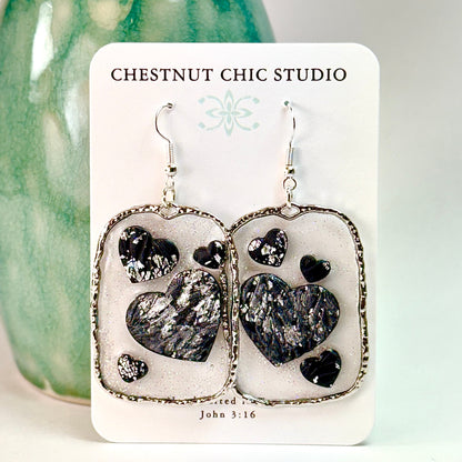 Floating Heart Earrings in Black and Silver