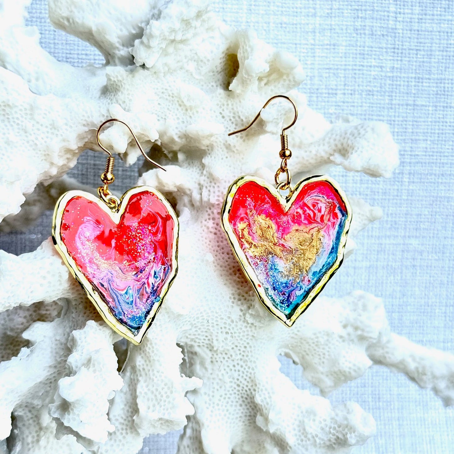 Summer Earrings, Red White and Blue Earrings, July 4th earrings, Memorial Day Earrings, USA, USA earrings, Chestnut Chic Studio, Resin Heart Earrings, Resin Earrings, Small Business, Texas Designer Earrings, Texas Earrings