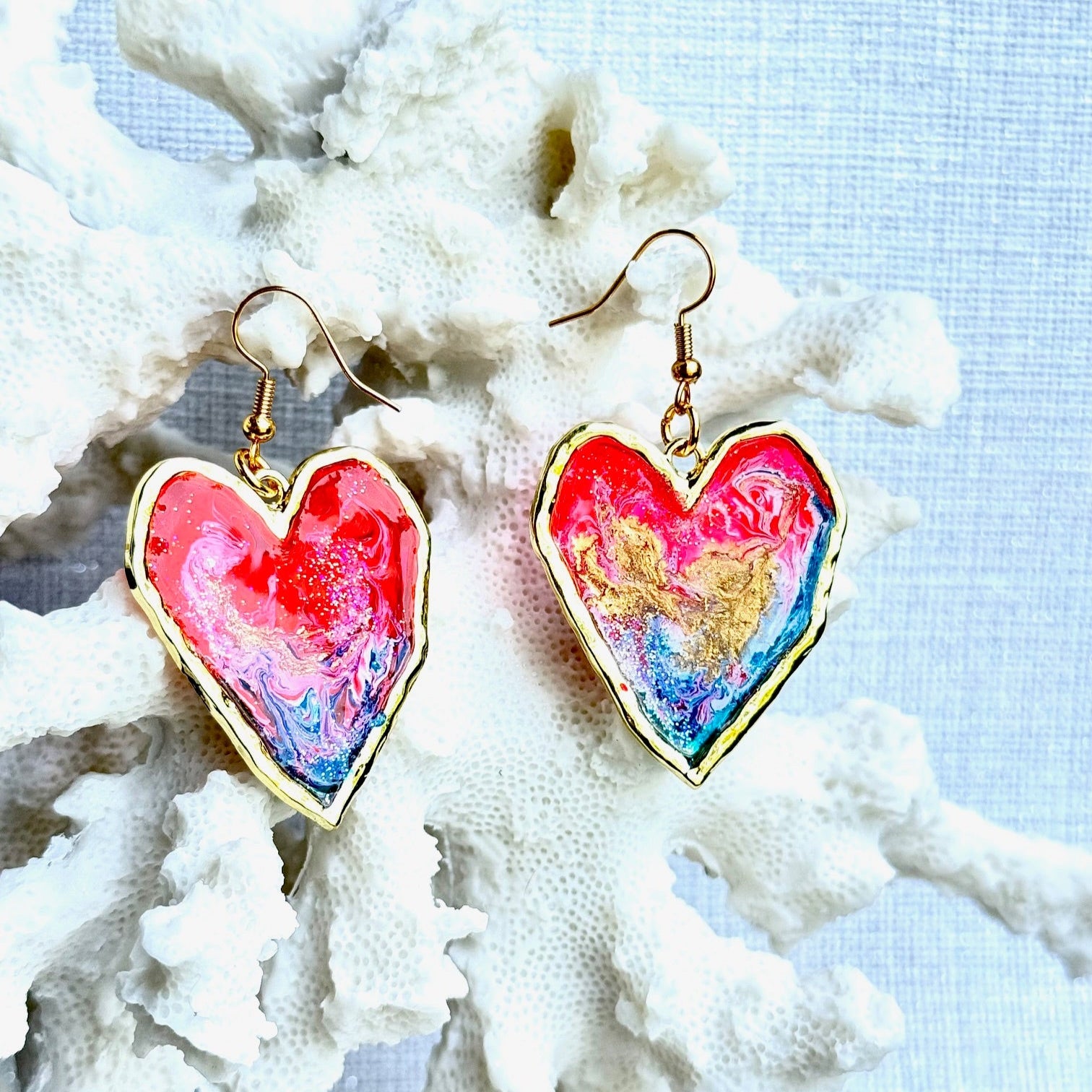Summer Earrings, Red White and Blue Earrings, July 4th earrings, Memorial Day Earrings, USA, USA earrings, Chestnut Chic Studio, Resin Heart Earrings, Resin Earrings, Small Business, Texas Designer Earrings, Texas Earrings
