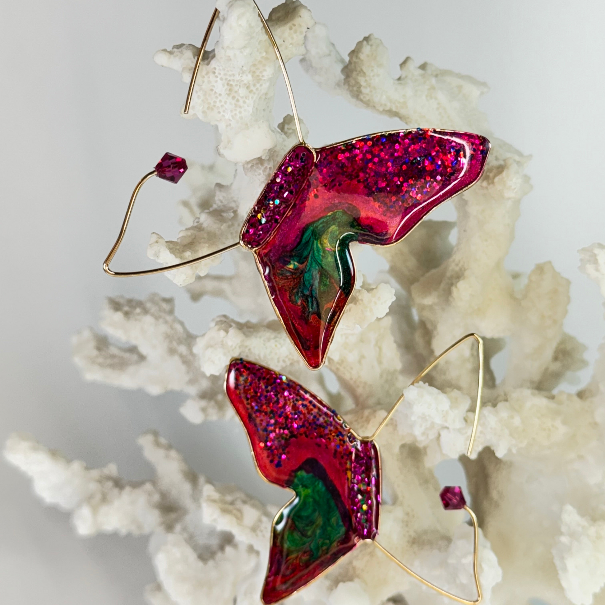 Retro Pink Butterfly Stained Glass Hand Painted Earrings Chestnut Chic Studio 