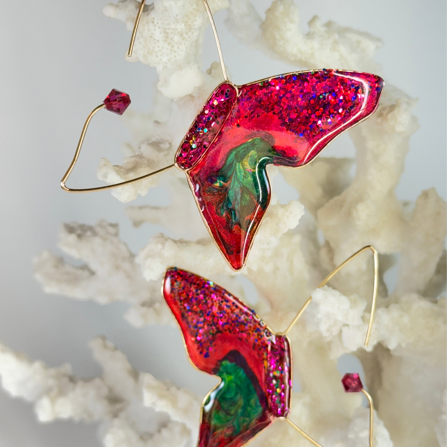 Hand Painted Retro Pink Butterfly Stained Glass Earrings Chestnut Chic Studio 