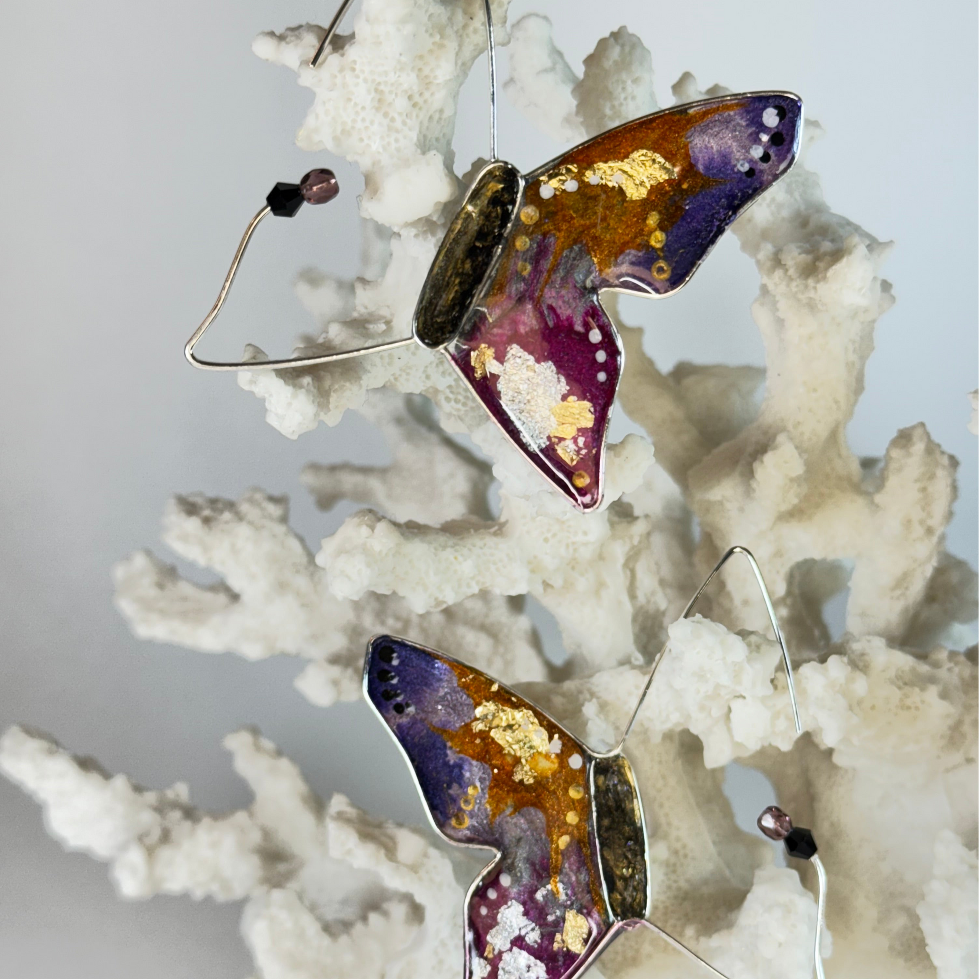 Hand Painted Art Deco Purple Butterfly Earrings Chestnut Chic Studio 