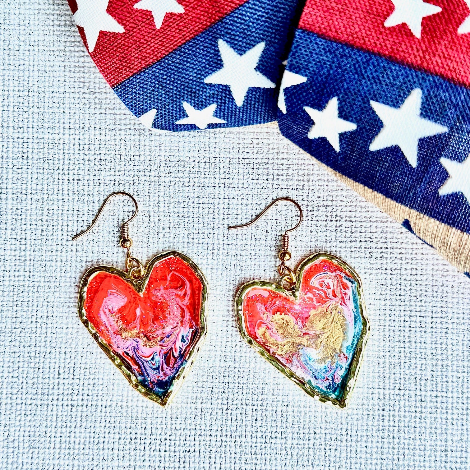 Summer Earrings, Red White and Blue Earrings, July 4th earrings, Memorial Day Earrings, USA, USA earrings, Chestnut Chic Studio, Resin Heart Earrings, Small Business, Texas Designer Earrings, Texas Earrings