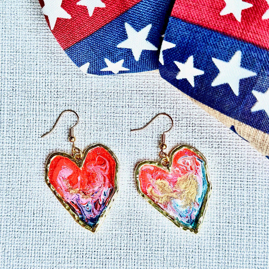 Summer Earrings, Red White and Blue Earrings, July 4th earrings, Memorial Day Earrings, USA, USA earrings, Chestnut Chic Studio, Resin Heart Earrings, Small Business, Texas Designer Earrings, Texas Earrings