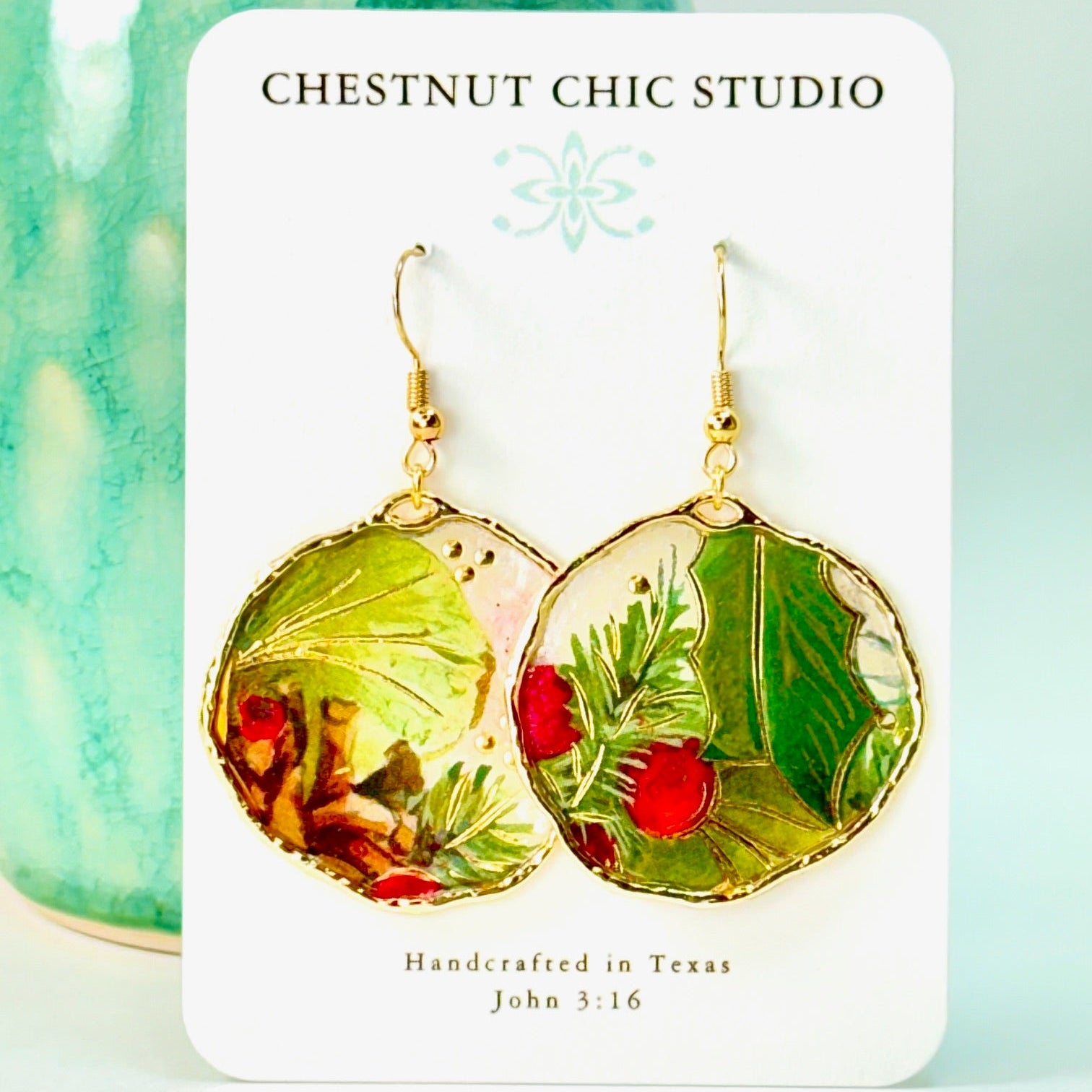 Holiday Holly & Berry Earrings in Gold Chestnut Chic Studio