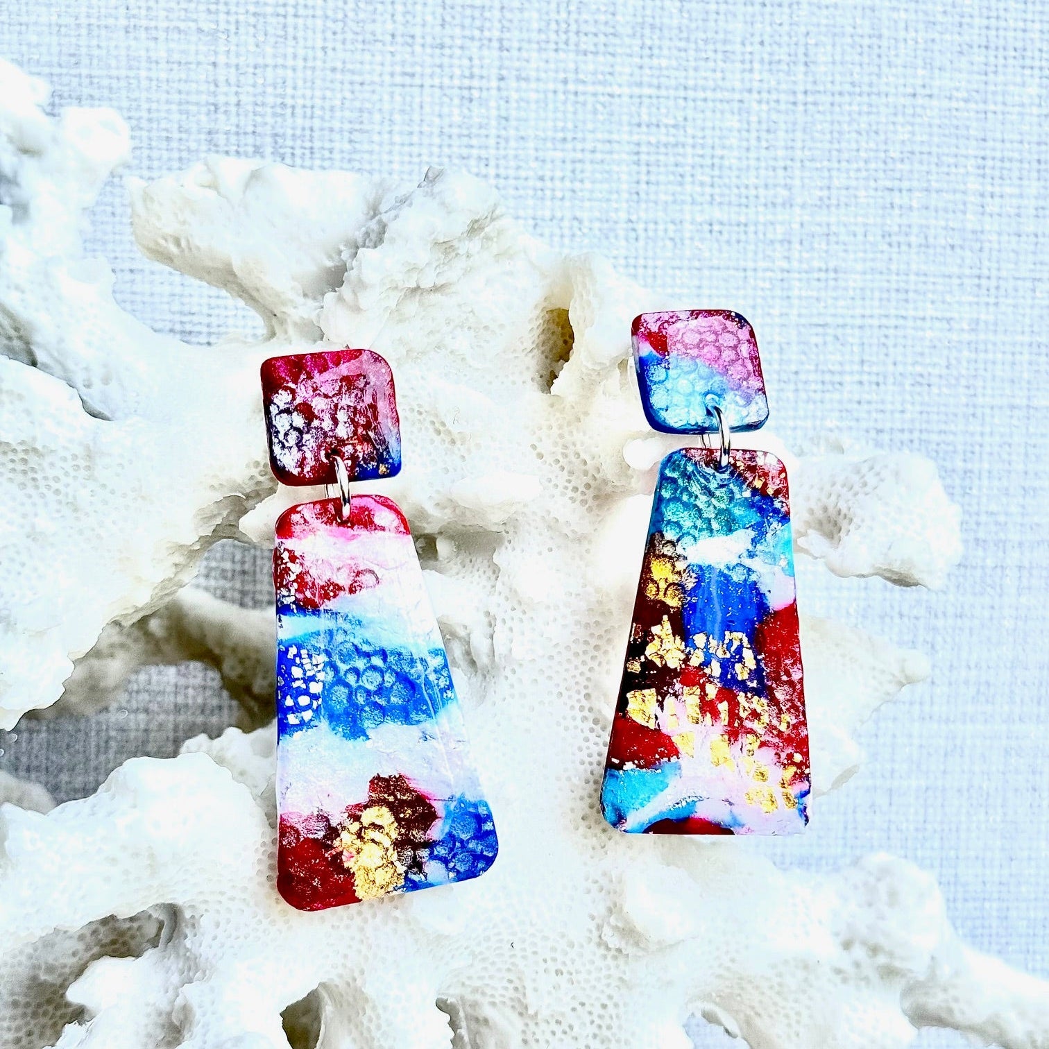 Summer Earrings, Red White and Blue Earrings, July 4th earrings, Memorial Day Earrings, USA, USA earrings, Chestnut Chic Studio, Polymer Clay Earrings, Resin Earrings, Small Business, Texas Designer Earrings, Texas Earrings