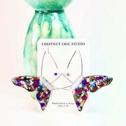 Metallic Spatter Butterfly Hoop Earrings in Silver on white card