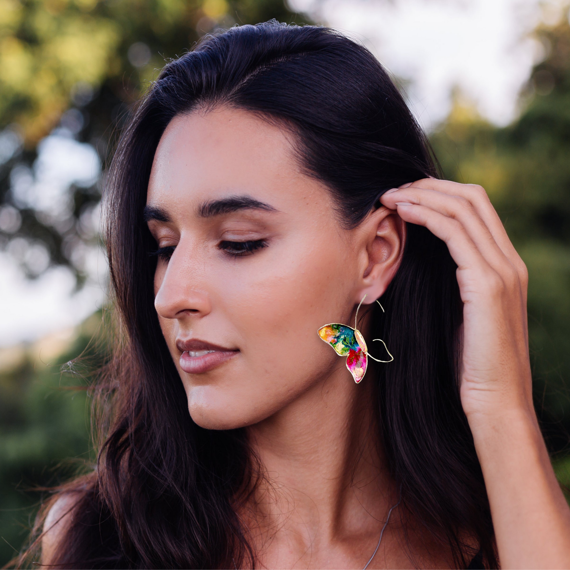 Hawaiian Butterfly Rainbow Earrings Chestnut Chic Studio Hand Painted model