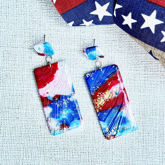 Summer Earrings, Red White and Blue Earrings, July 4th earrings, Memorial Day Earrings, USA, USA earrings, Chestnut Chic Studio, Polymer Clay Earrings, Resin Earrings, Small Business, Texas Designer Earrings, Texas Earrings