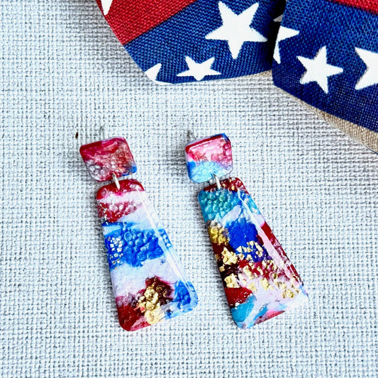 Summer Earrings, Red White and Blue Earrings, July 4th earrings, Memorial Day Earrings, USA, USA earrings, Chestnut Chic Studio, Polymer Clay Earrings, Resin Earrings, Small Business, Texas Designer Earrings, Texas Earrings, Patriotic earrings, Memorial Day Earrings