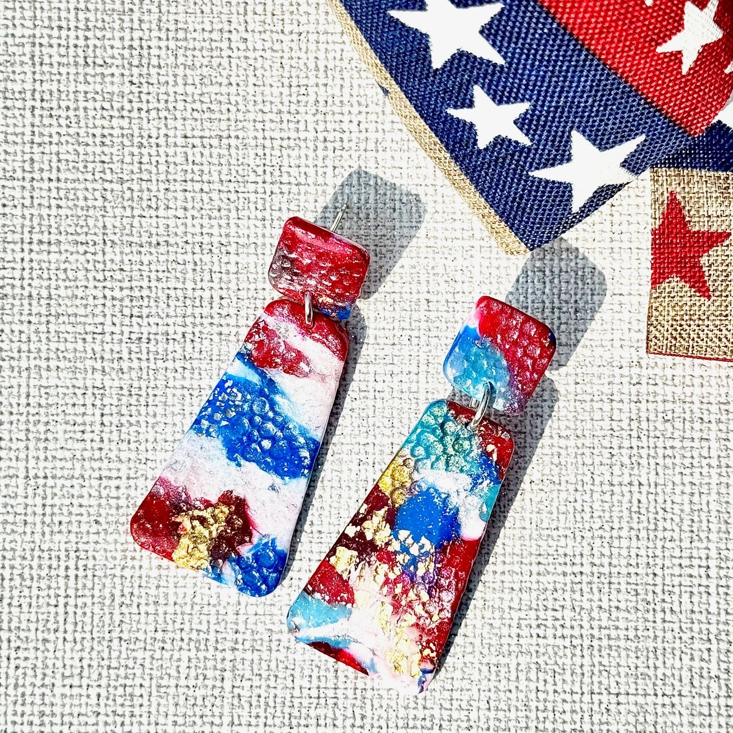 Summer Earrings, Red White and Blue Earrings, July 4th earrings, Memorial Day Earrings, USA, USA earrings, Chestnut Chic Studio, Polymer Clay Earrings, Resin Earrings, Small Business, Texas Designer Earrings, Texas Earrings, Memorial Day Earrings
