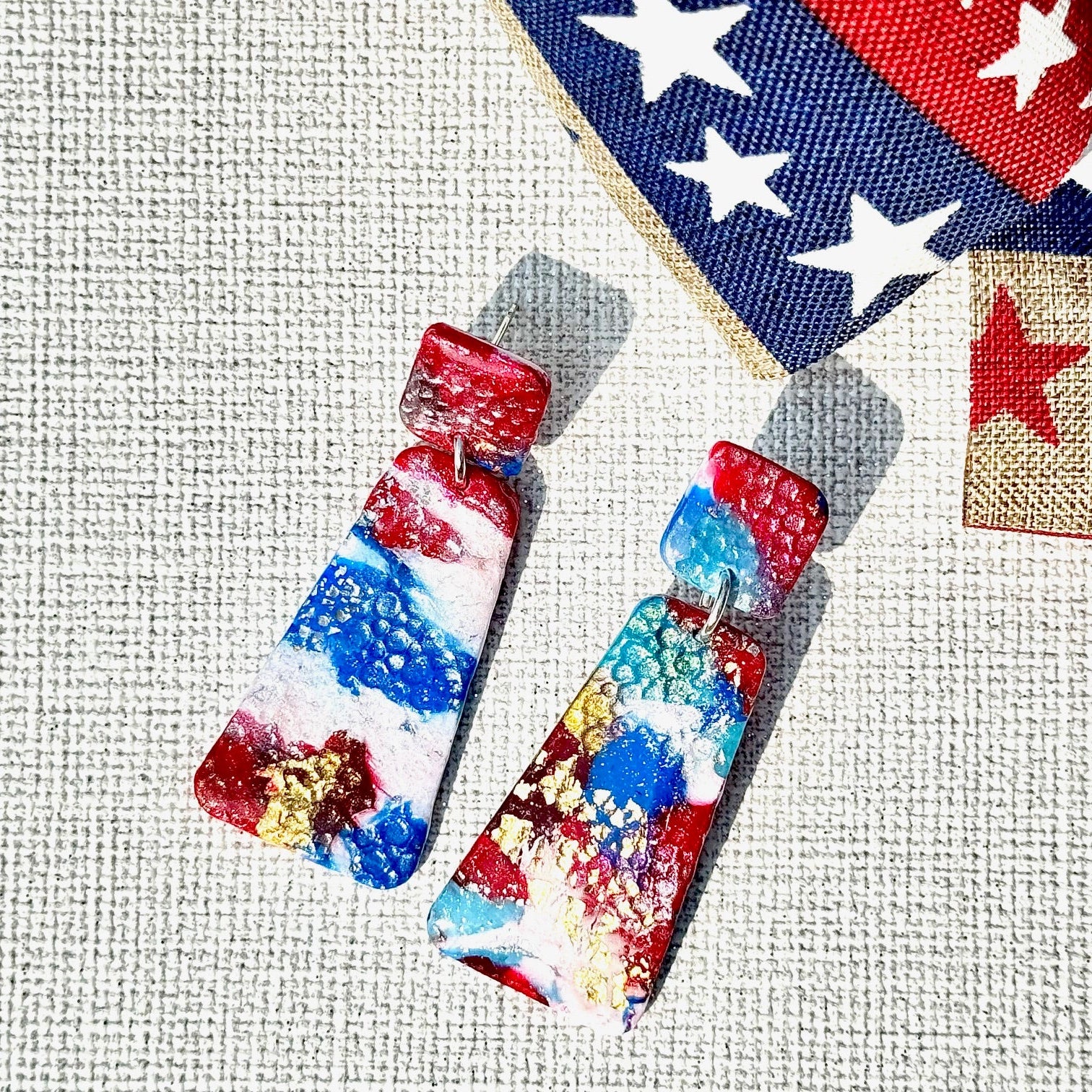 Summer Earrings, Red White and Blue Earrings, July 4th earrings, Memorial Day Earrings, USA, USA earrings, Chestnut Chic Studio, Polymer Clay Earrings, Resin Earrings, Small Business, Texas Designer Earrings, Texas Earrings, Memorial Day Earrings
