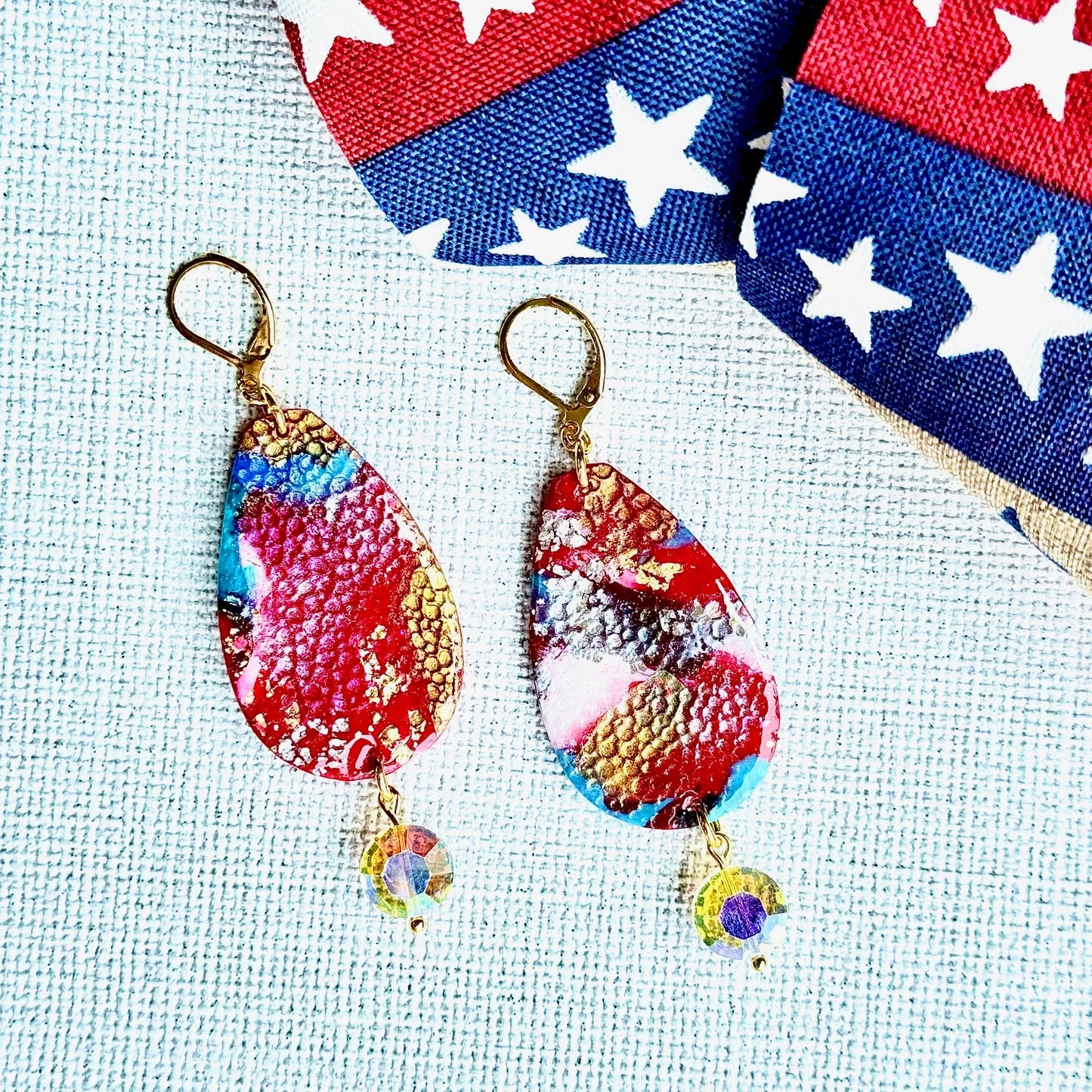Summer Earrings, Red White and Blue Earrings, July 4th earrings, Memorial Day Earrings, USA, USA earrings, Chestnut Chic Studio, Polymer Clay Earrings, Resin Earrings, Small Business, Texas Designer Earrings, Texas Earrings, Earrings, Summer Earrings, Petal Crystal Earrings, Austrian Crystal Earrings