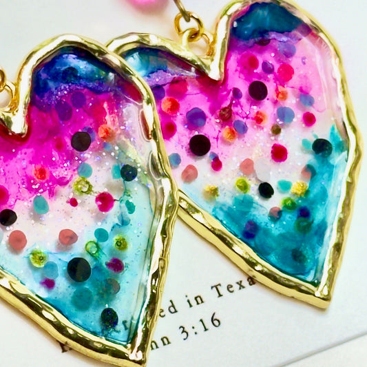 Enlarged Poke A Dot Heart Earrings in Pink and Turquoise on white card
