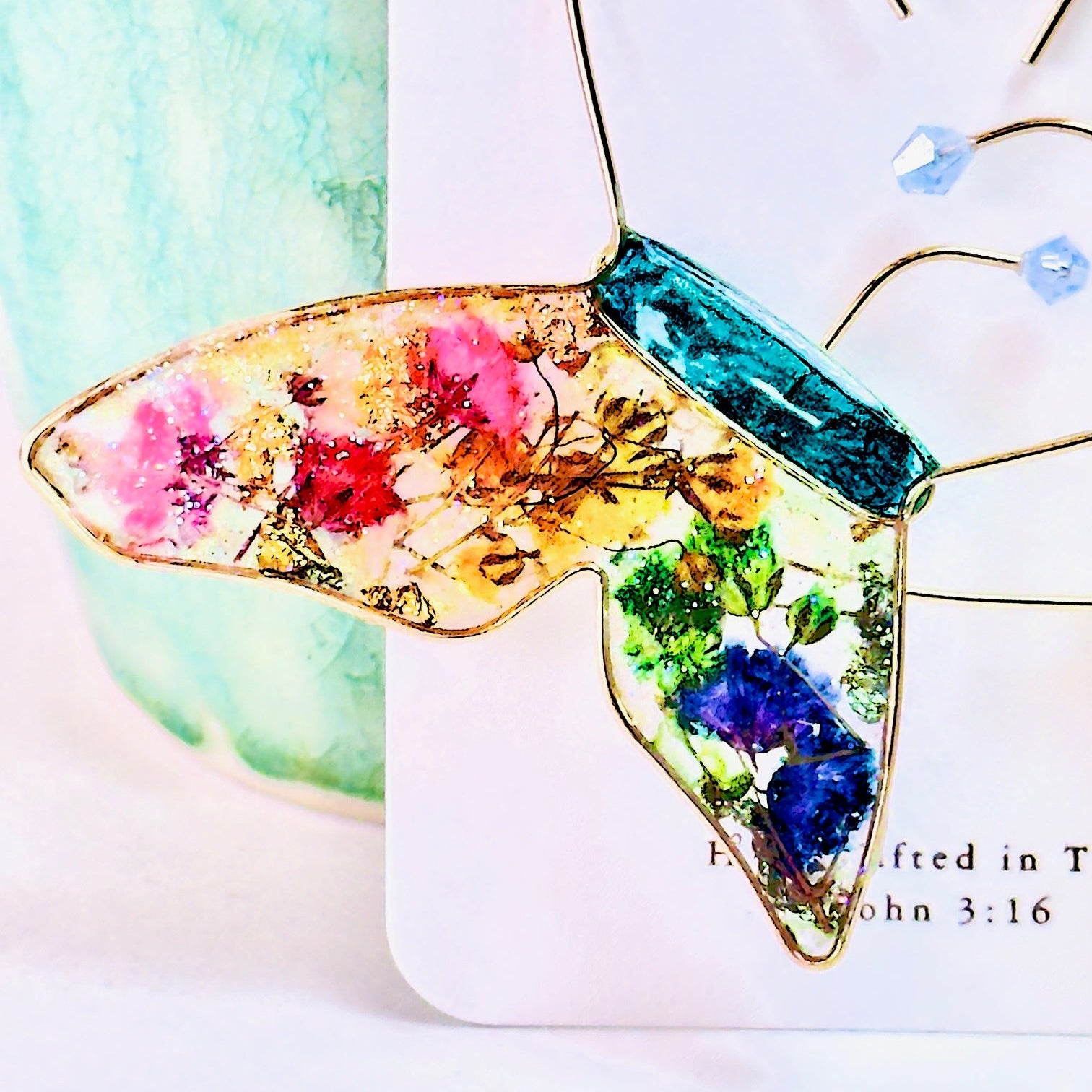 Pressed Rainbow Flower Butterfly Hoop Earrings in Gold on white card